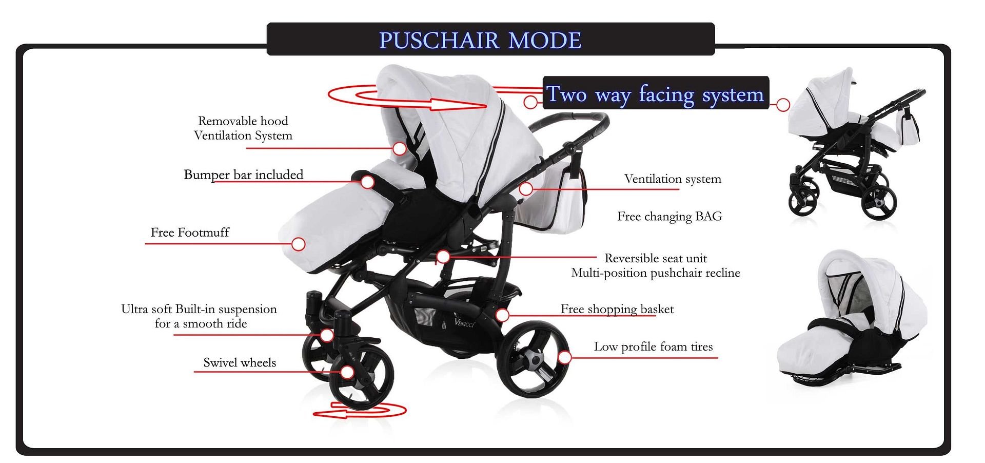 PRAM + Pushchair & FREE Car Seat ★ 3in1 Baby Stroller ★ VENICCI