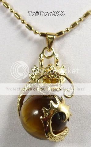Real Natual Tigereye Opal 18KGP Dragon Pendant Necklace  